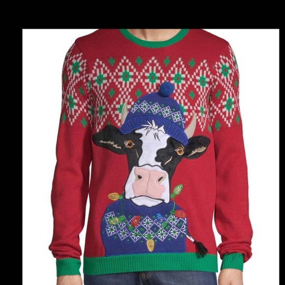 Holiday Time Christmas Sweater Men's Cow Red Green 2X 50 52 Light Up!